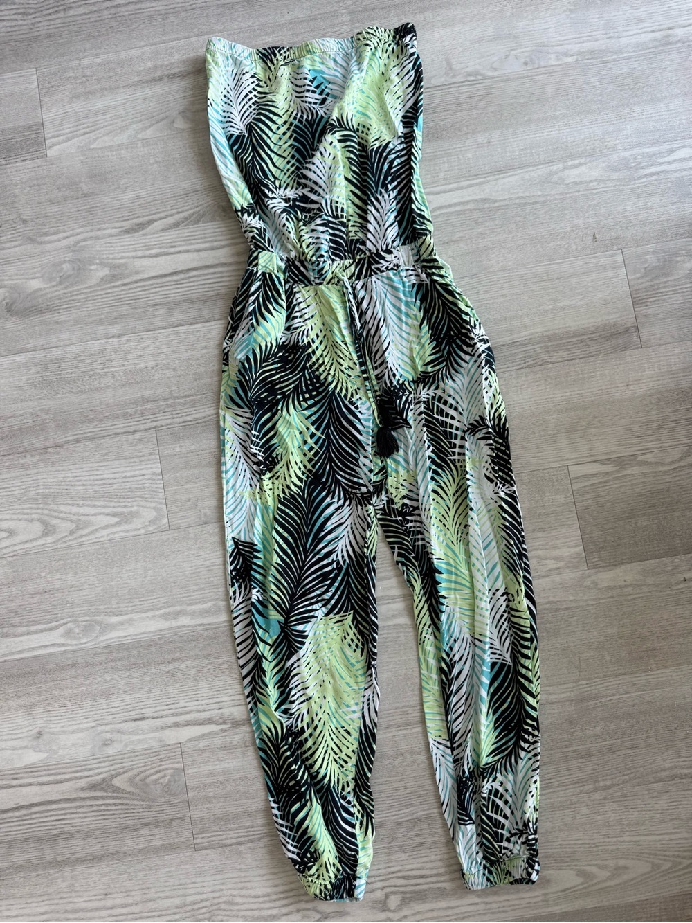 Tropical Leaf Print Strapless Jumpsuit - Green/Black